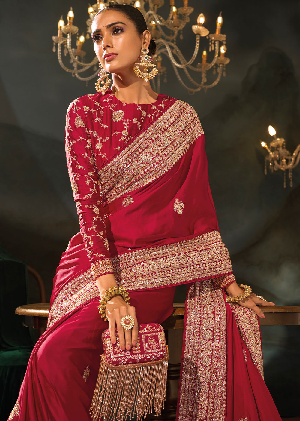 Ruby Pink Satin Silk Saree with Lustrous Zari &amp; Cut Dana Accents