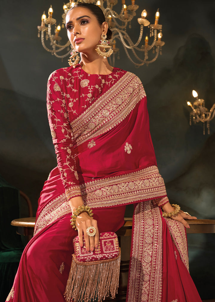 Ruby Pink Satin Silk Saree with Lustrous Zari &amp; Cut Dana Accents