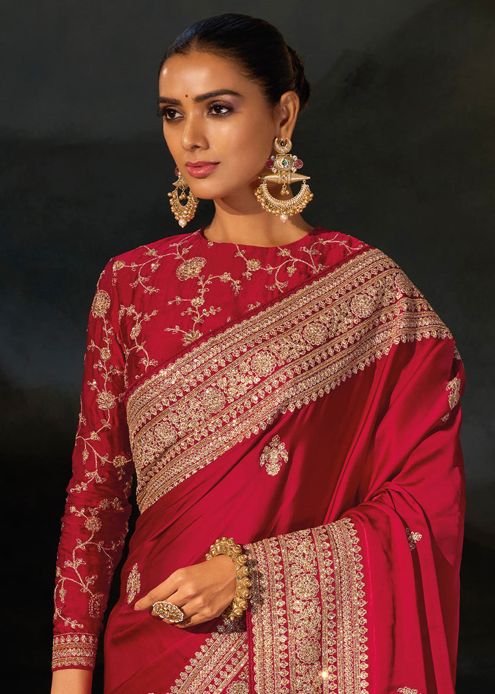 Ruby Pink Satin Silk Saree with Lustrous Zari &amp; Cut Dana Accents