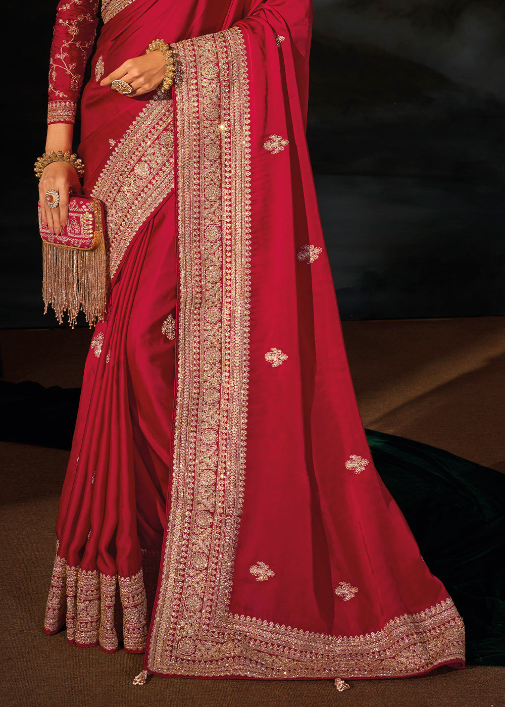 Ruby Pink Satin Silk Saree with Lustrous Zari &amp; Cut Dana Accents