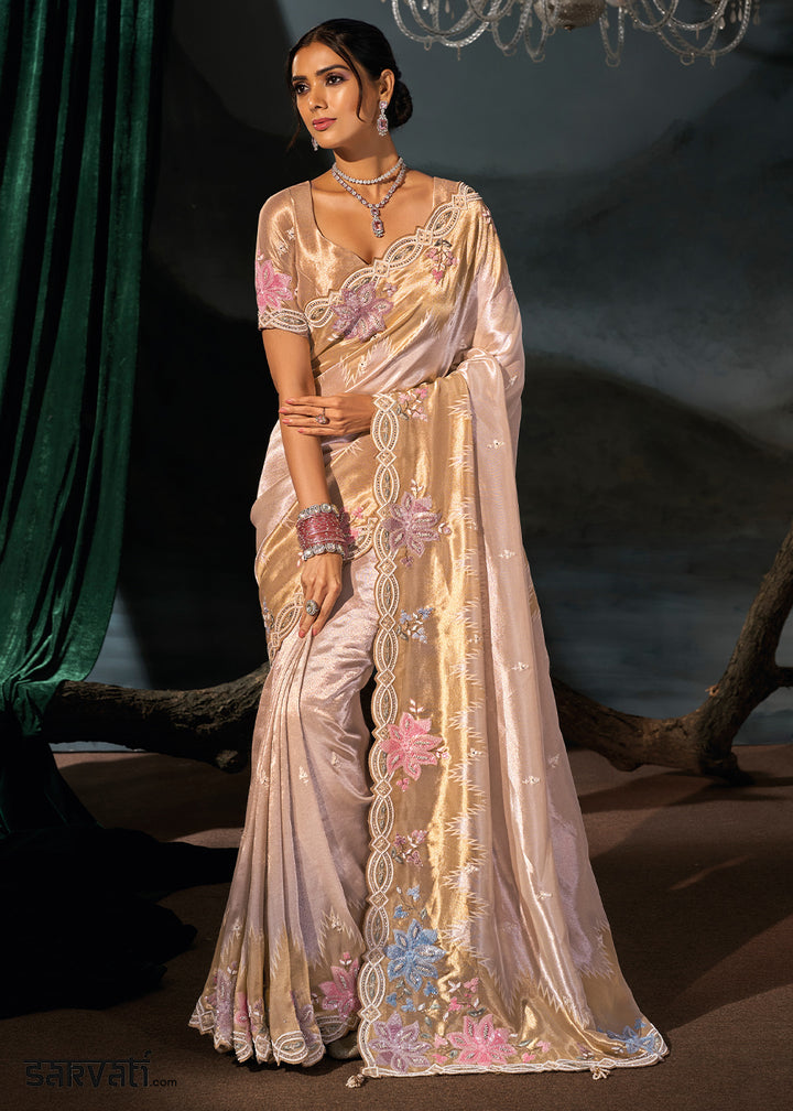 Purple &amp; Golden Kanjivaram Silk Saree with Zari, Sequin &amp; Moti Embellishments