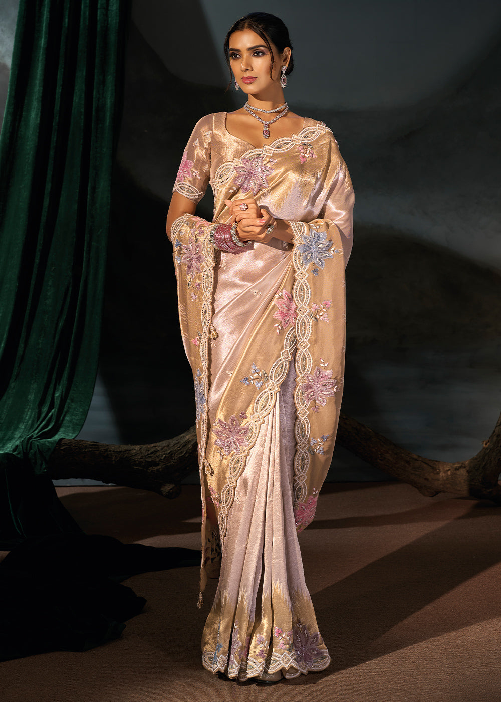 Purple & Golden Kanjivaram Silk Saree with Zari, Sequin & Moti Embellishments