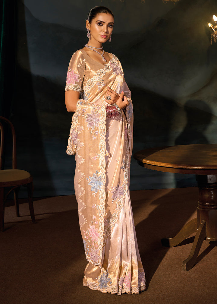 Purple &amp; Golden Kanjivaram Silk Saree with Zari, Sequin &amp; Moti Embellishments