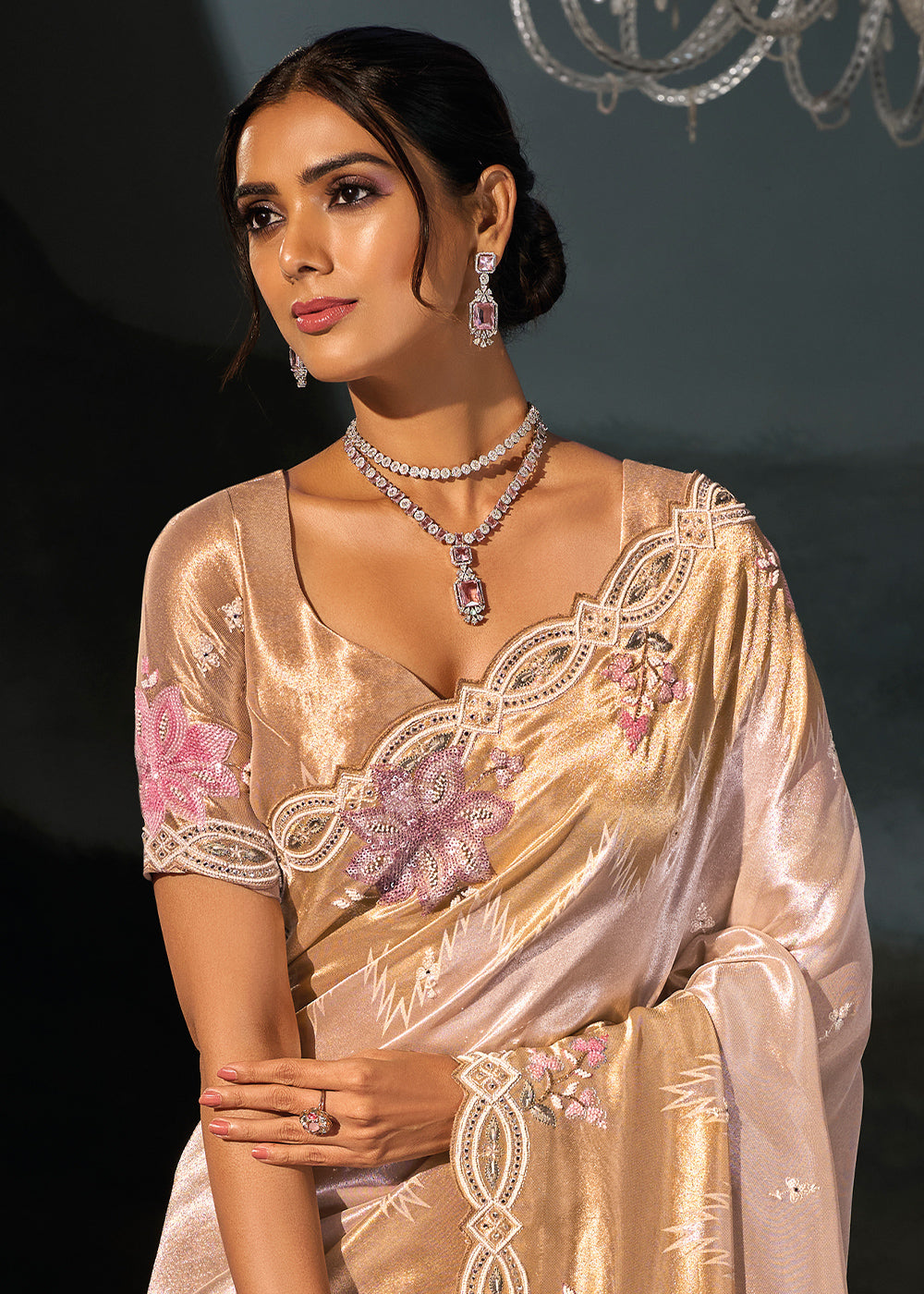 Purple &amp; Golden Kanjivaram Silk Saree with Zari, Sequin &amp; Moti Embellishments