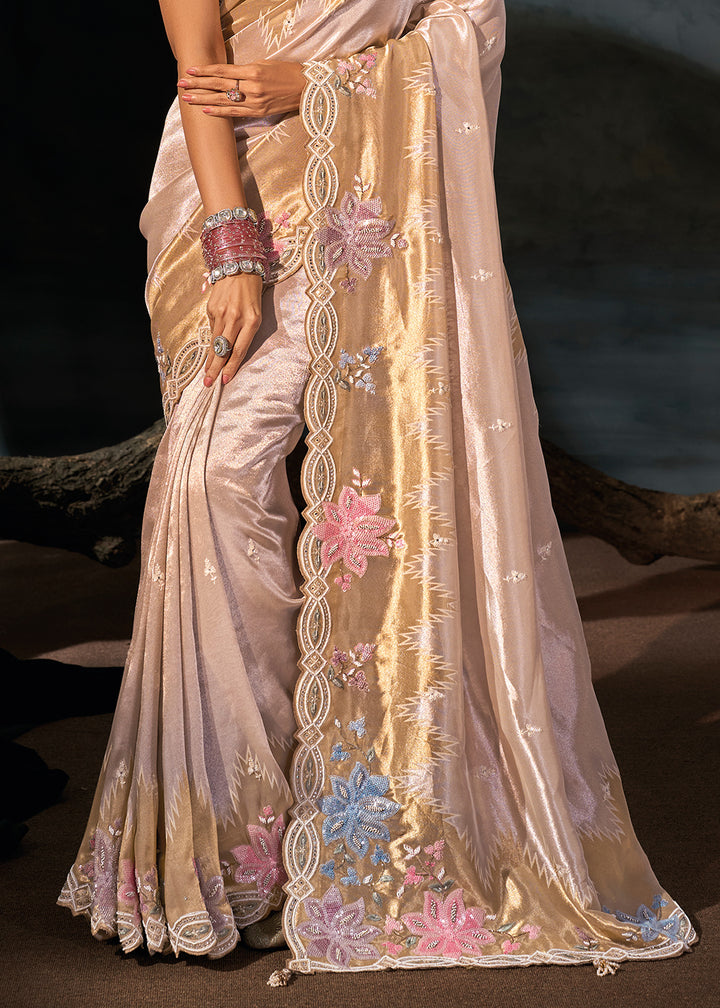 Purple &amp; Golden Kanjivaram Silk Saree with Zari, Sequin &amp; Moti Embellishments