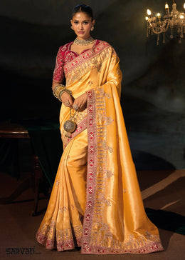 Tones of Yellow Kanjivaram Silk Saree with Zari, Sequin & Moti Embellishments