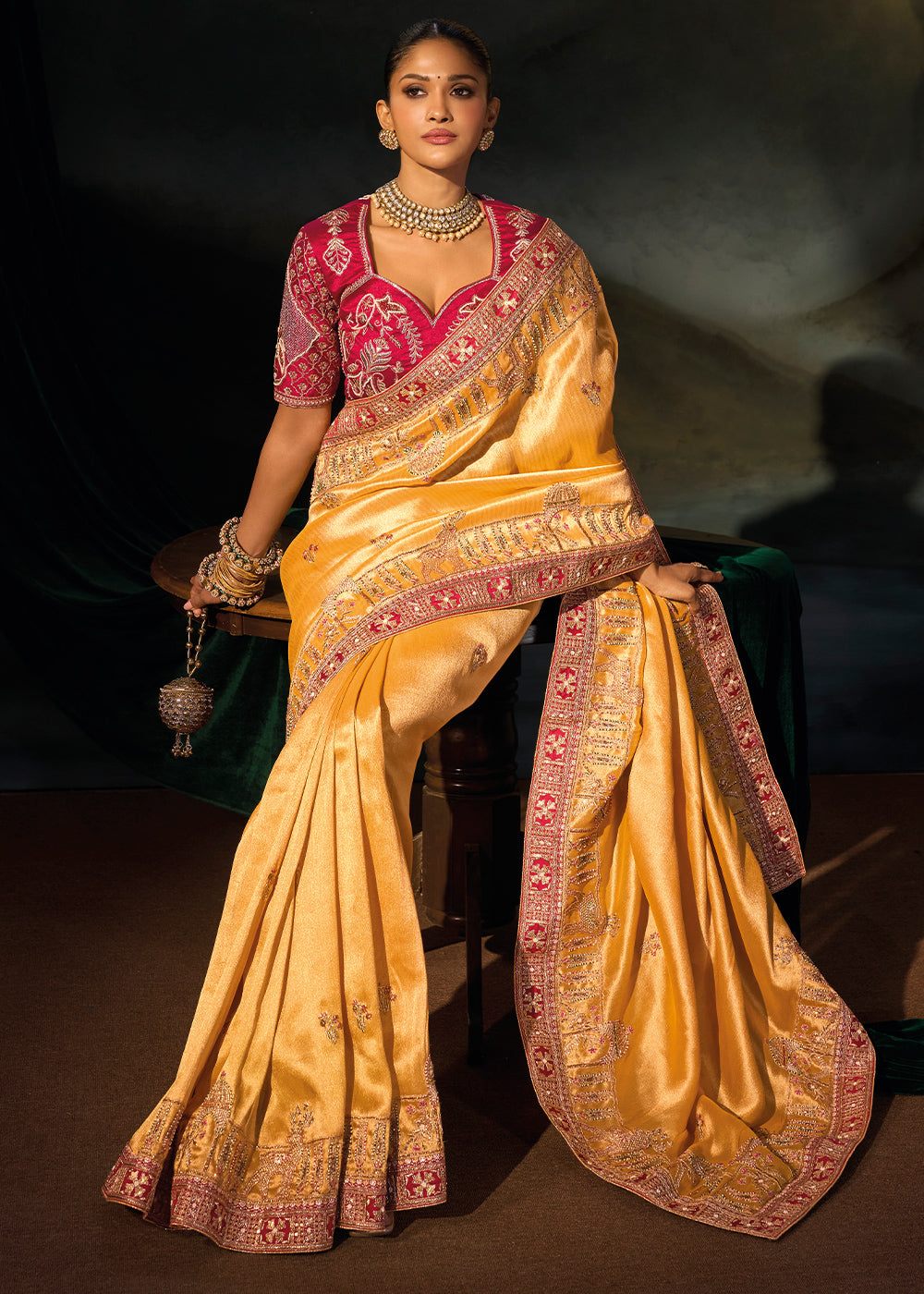 Tones of Yellow Kanjivaram Silk Saree with Zari, Sequin & Moti Embellishments