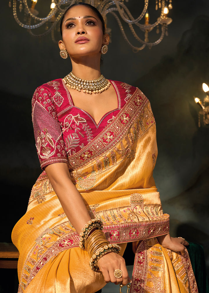 Tones of Yellow Kanjivaram Silk Saree with Zari, Sequin &amp; Moti Embellishments