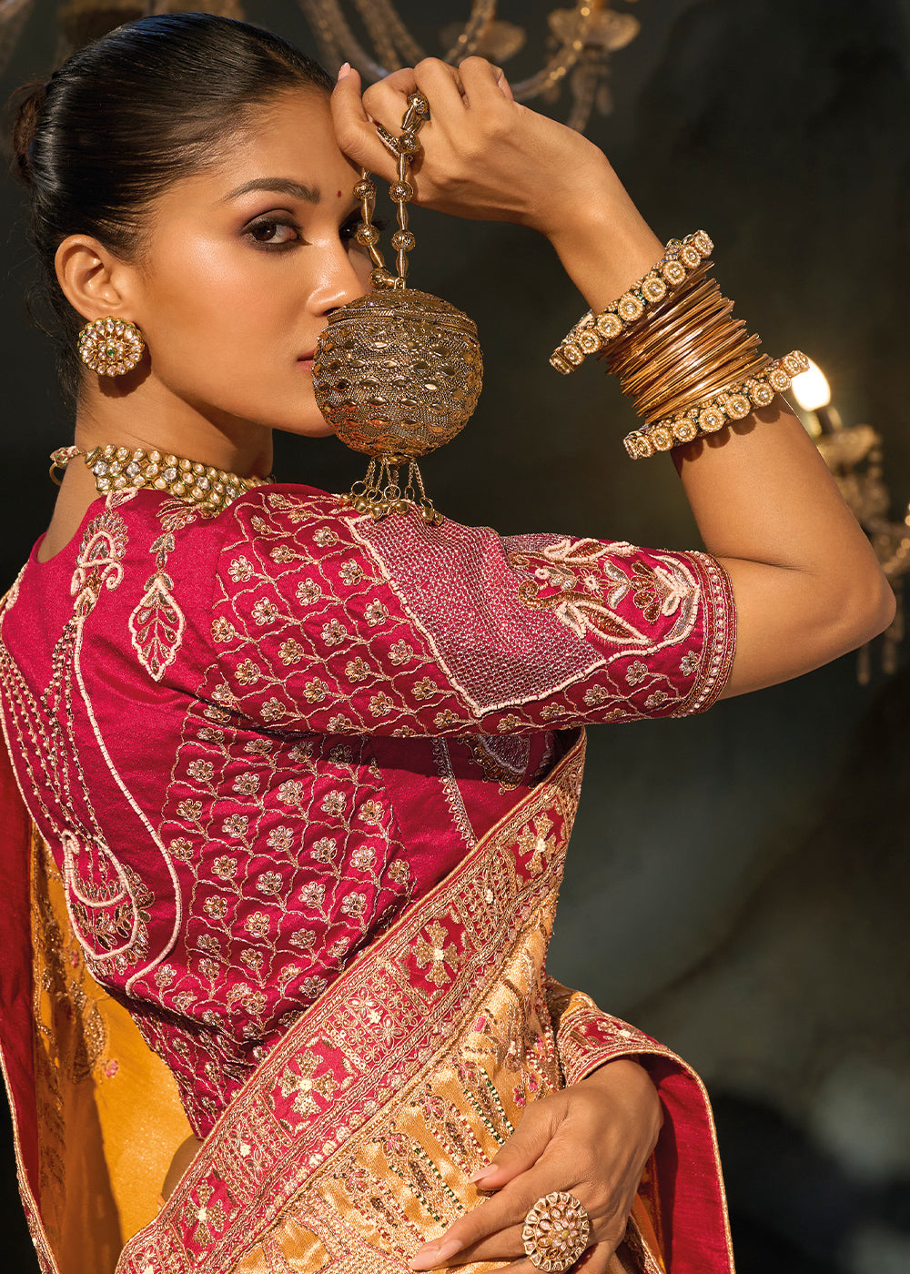 Tones of Yellow Kanjivaram Silk Saree with Zari, Sequin &amp; Moti Embellishments