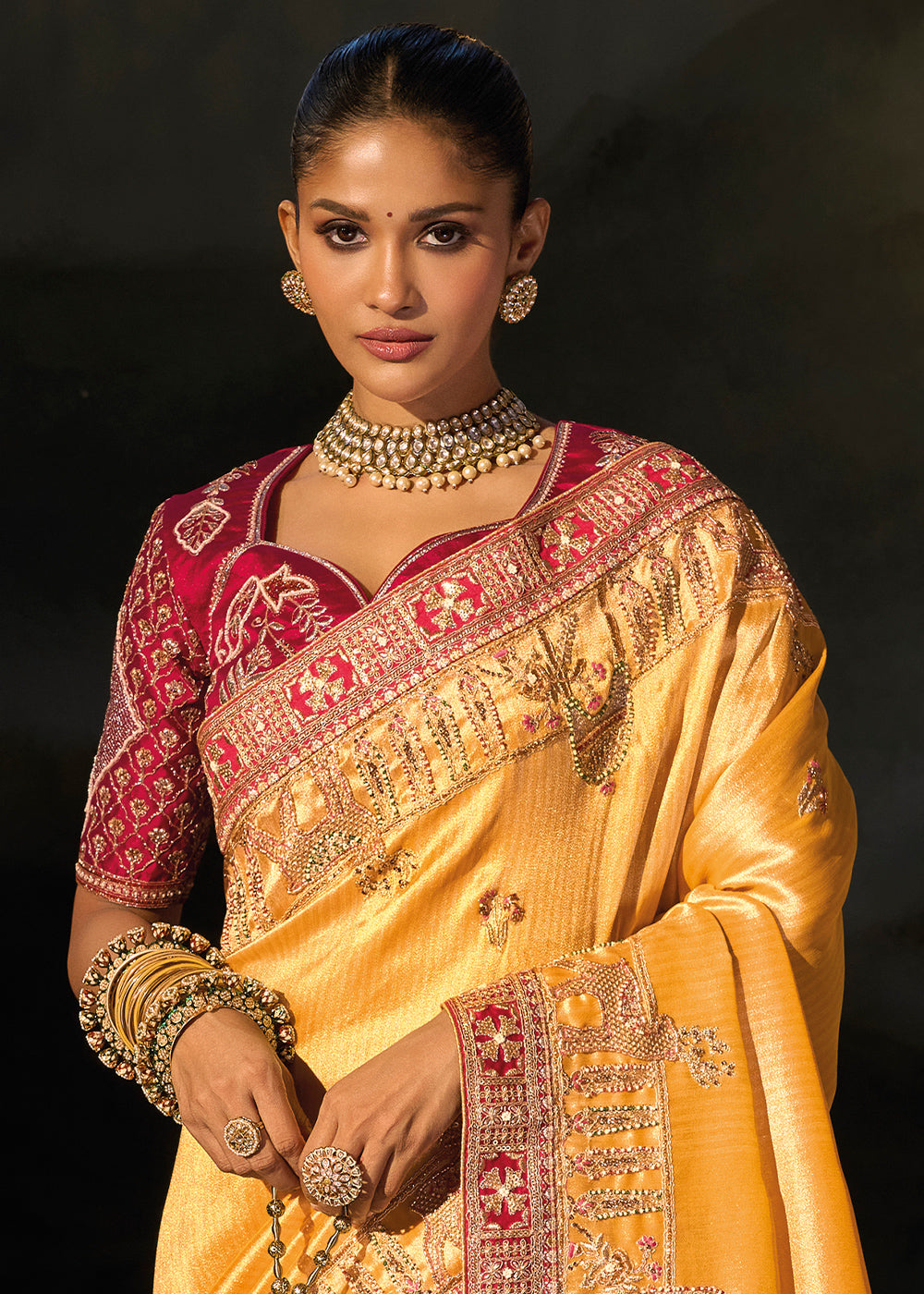 Tones of Yellow Kanjivaram Silk Saree with Zari, Sequin &amp; Moti Embellishments