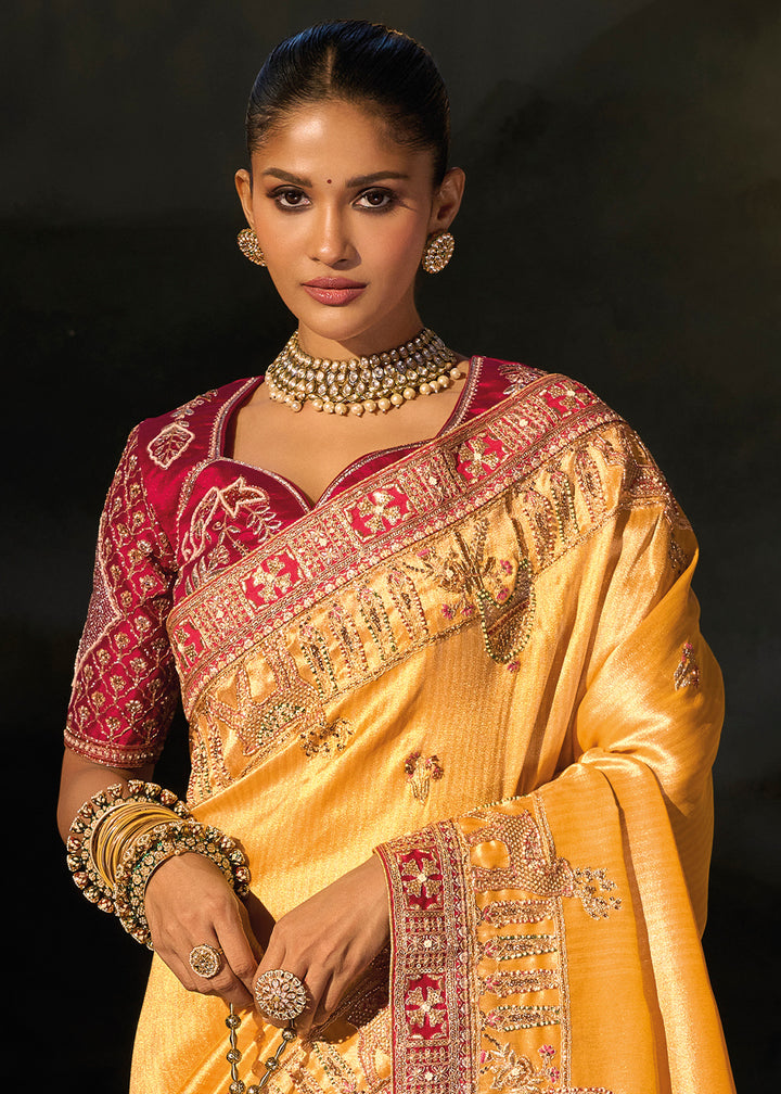 Tones of Yellow Kanjivaram Silk Saree with Zari, Sequin &amp; Moti Embellishments