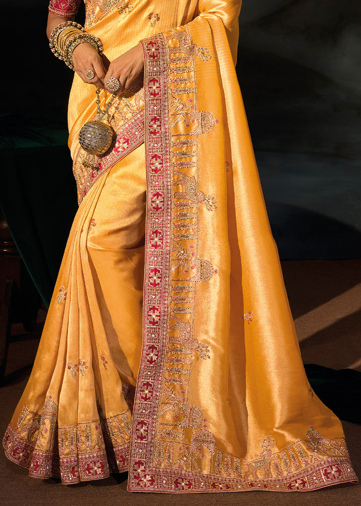 Tones of Yellow Kanjivaram Silk Saree with Zari, Sequin &amp; Moti Embellishments