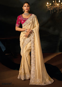 Cream White Kanjivaram Silk Saree with Zari, Sequin & Moti Embellishments