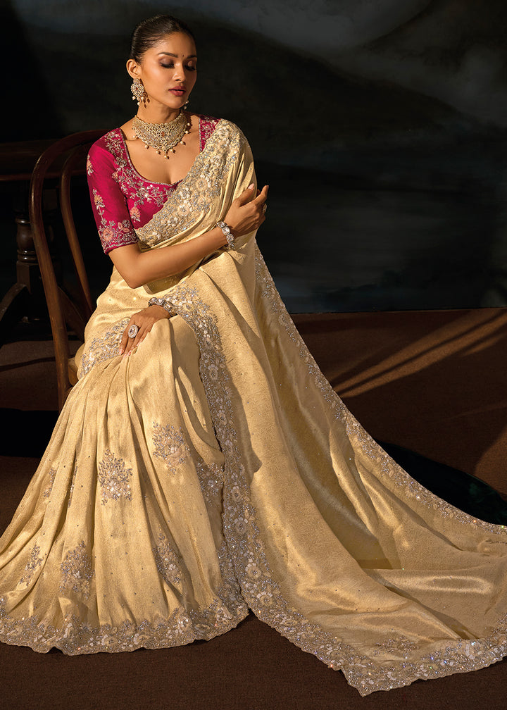 Cream White Kanjivaram Silk Saree with Zari, Sequin &amp; Moti Embellishments