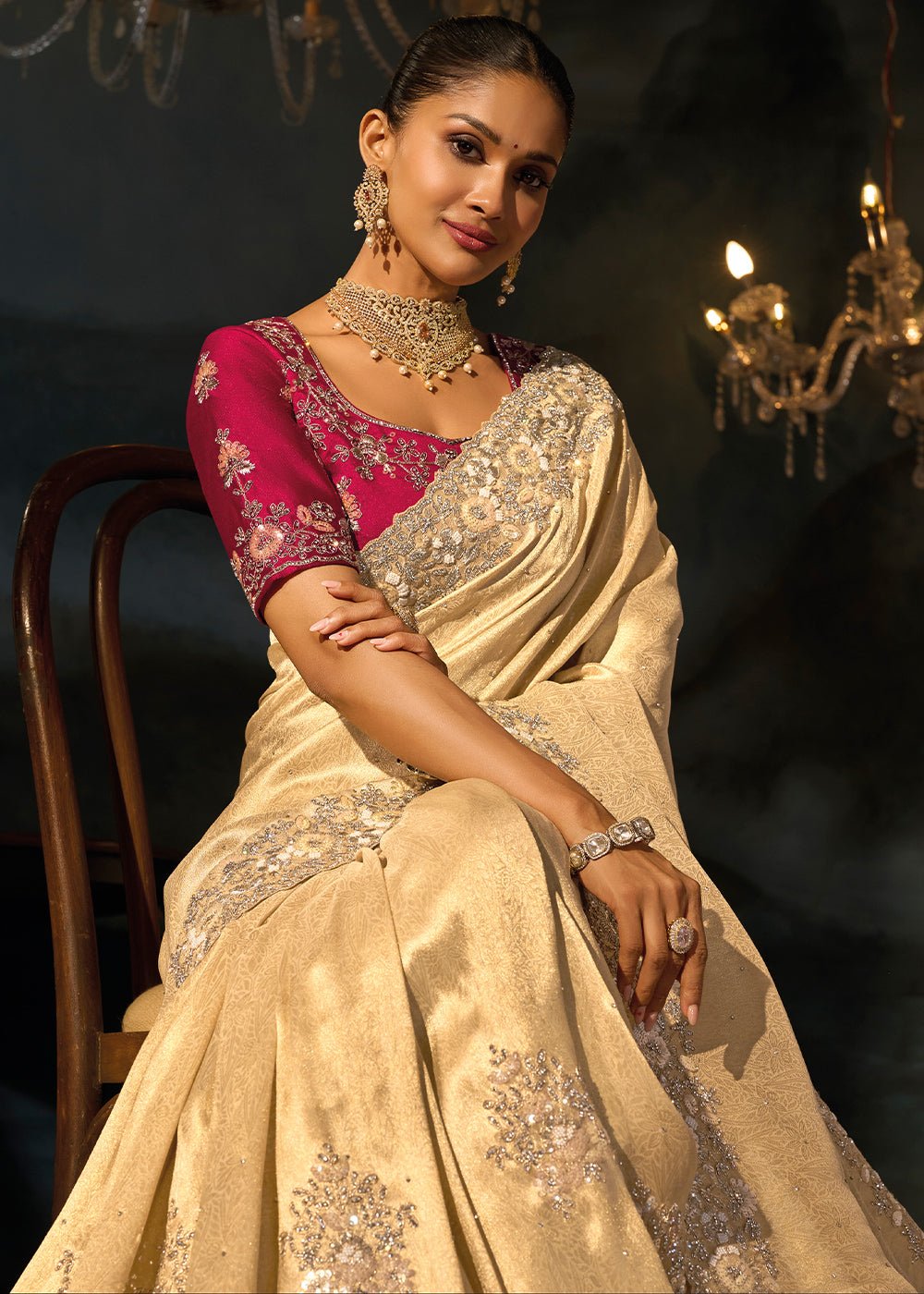 Cream White Kanjivaram Silk Saree with Zari, Sequin &amp; Moti Embellishments