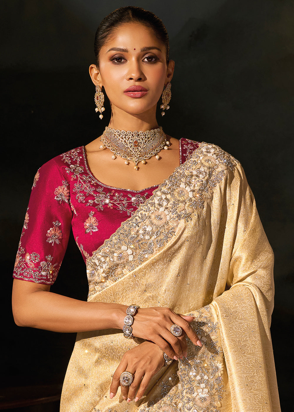Cream White Kanjivaram Silk Saree with Zari, Sequin &amp; Moti Embellishments