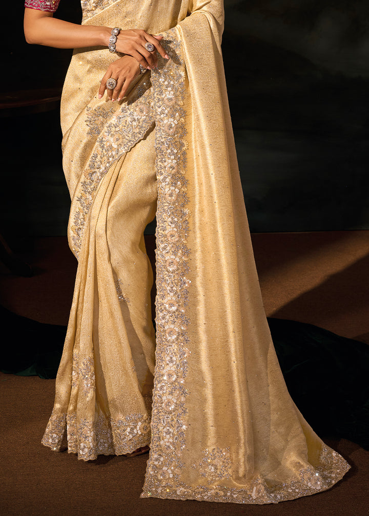 Cream White Kanjivaram Silk Saree with Zari, Sequin &amp; Moti Embellishments