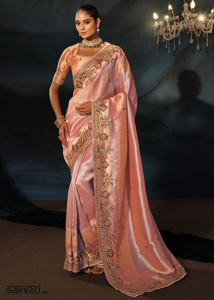 Tones Of Pink Kanjivaram Silk Saree with Zari, Sequin &amp; Moti Embellishments