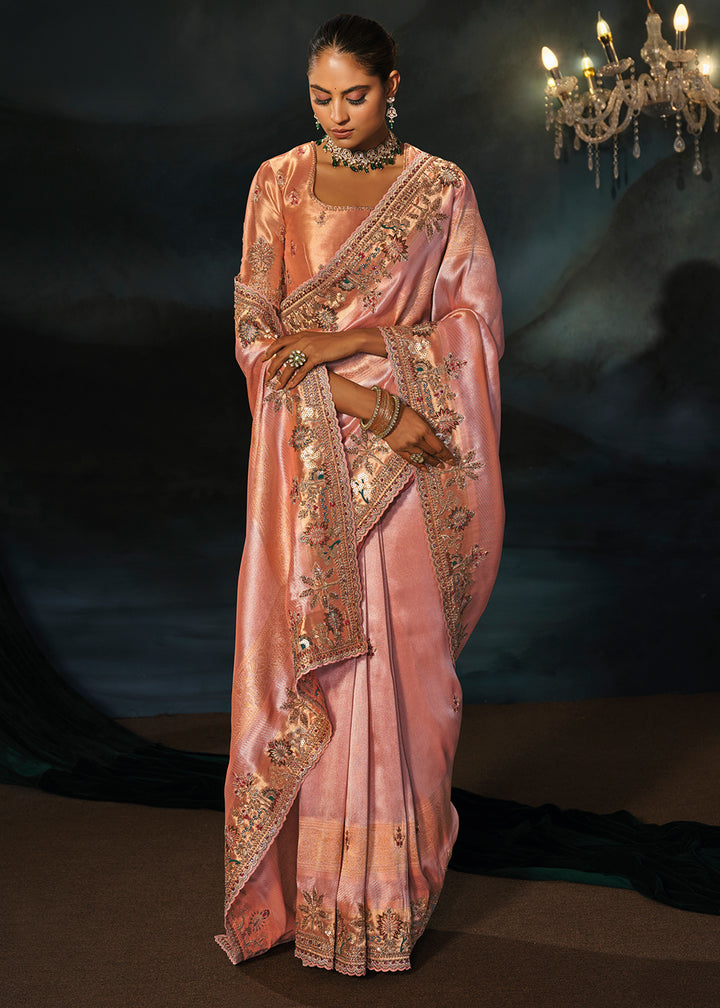 Tones Of Pink Kanjivaram Silk Saree with Zari, Sequin &amp; Moti Embellishments