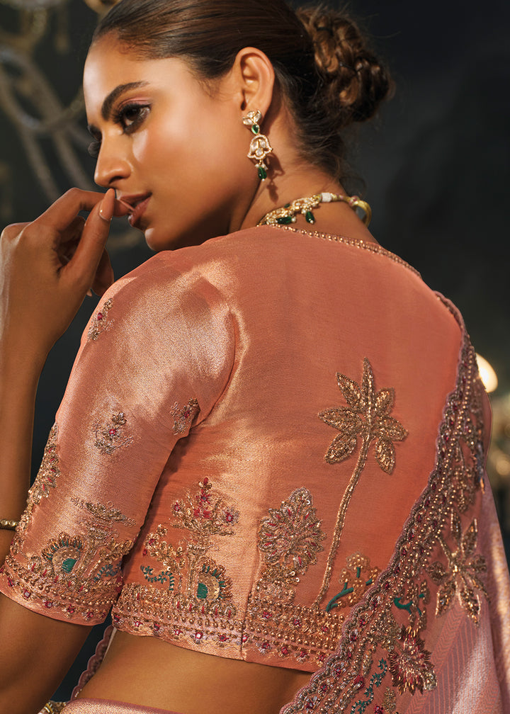 Tones Of Pink Kanjivaram Silk Saree with Zari, Sequin &amp; Moti Embellishments