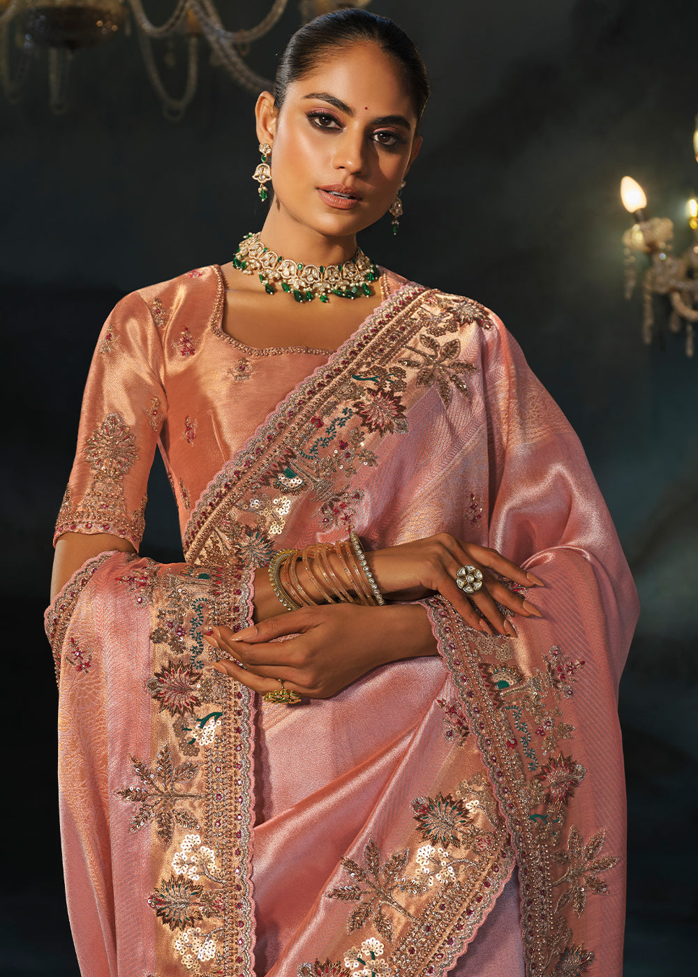 Tones Of Pink Kanjivaram Silk Saree with Zari, Sequin &amp; Moti Embellishments