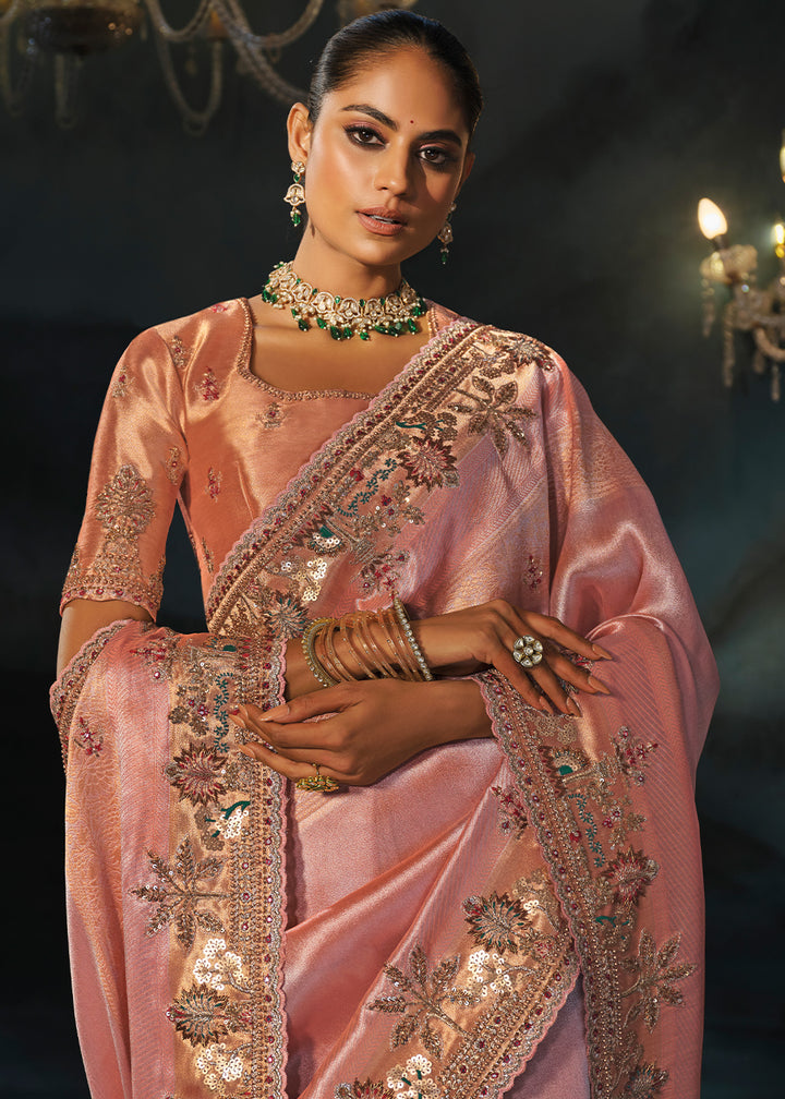 Tones Of Pink Kanjivaram Silk Saree with Zari, Sequin &amp; Moti Embellishments