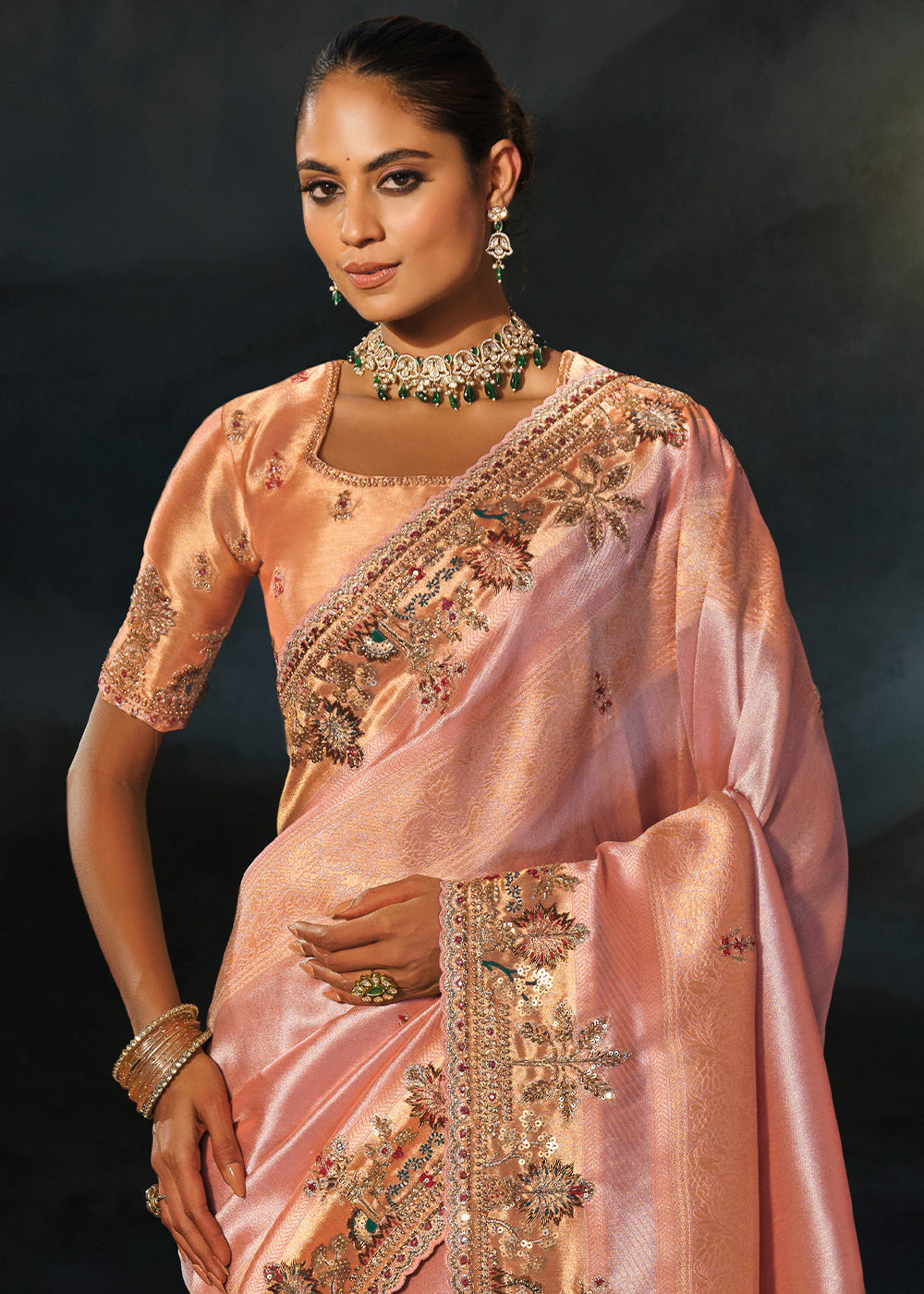 Tones Of Pink Kanjivaram Silk Saree with Zari, Sequin &amp; Moti Embellishments