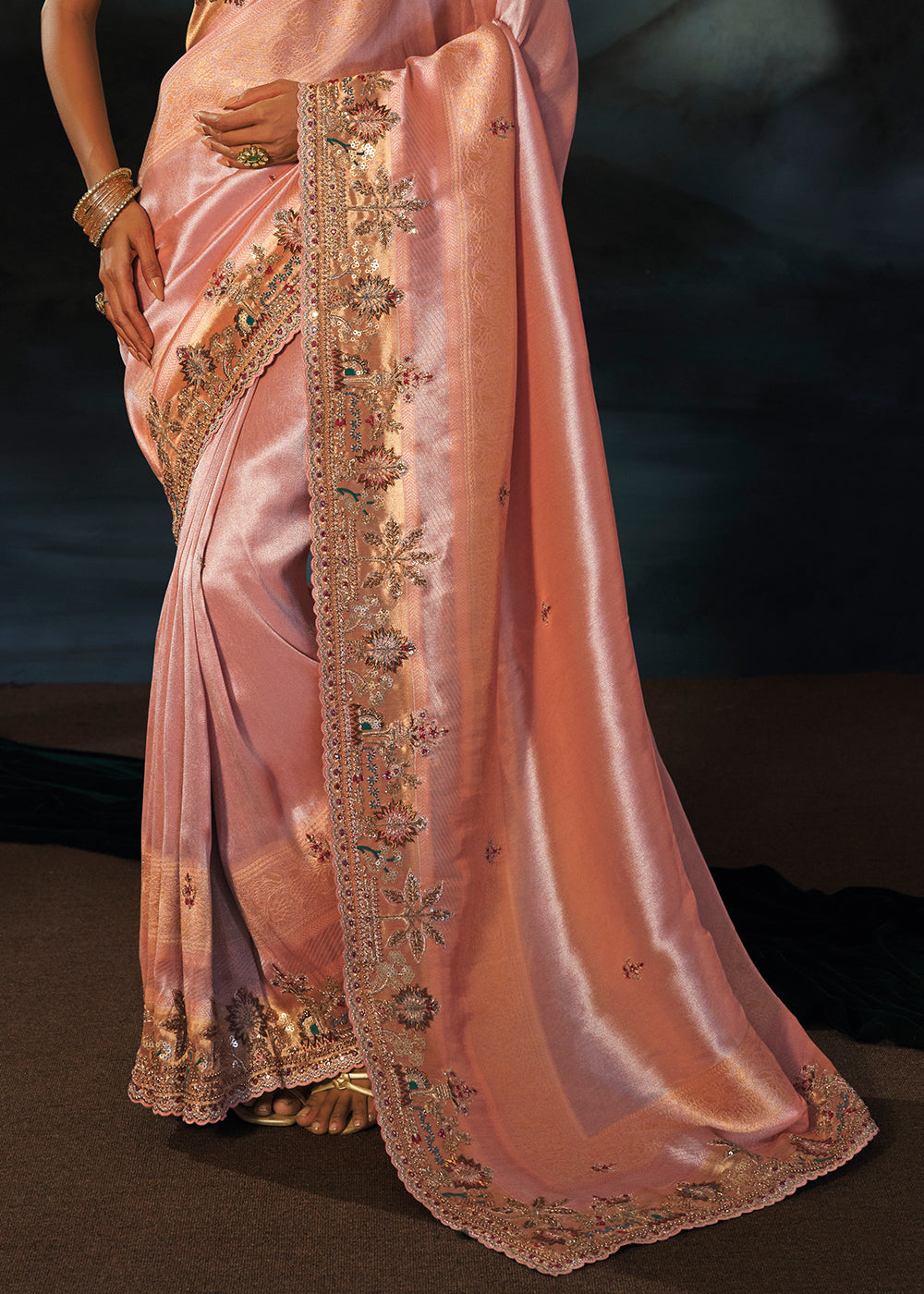 Tones Of Pink Kanjivaram Silk Saree with Zari, Sequin &amp; Moti Embellishments