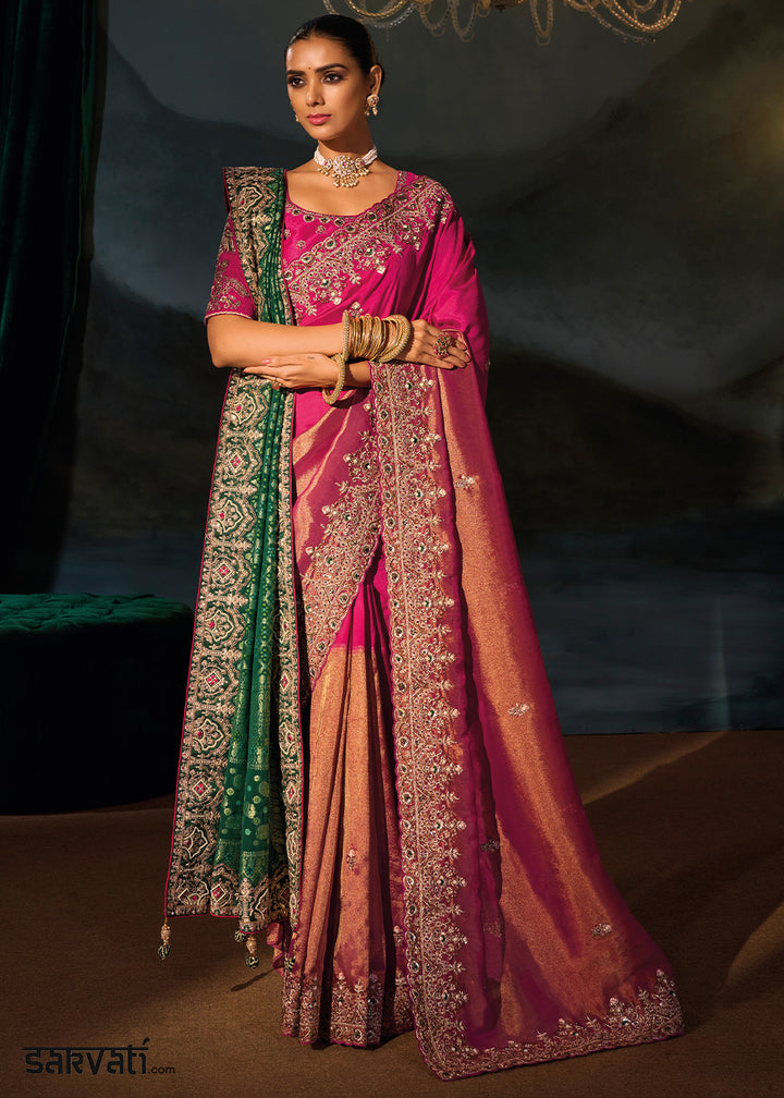 Shades Of Pink Kanjivaram Silk Saree with Zari, Sequin &amp; Moti Embellishments