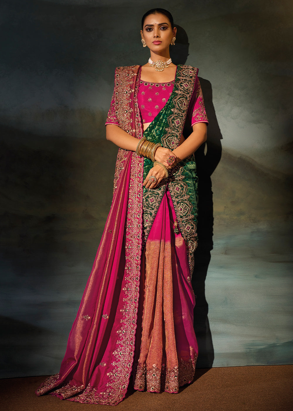Shades Of Pink Kanjivaram Silk Saree with Zari, Sequin &amp; Moti Embellishments