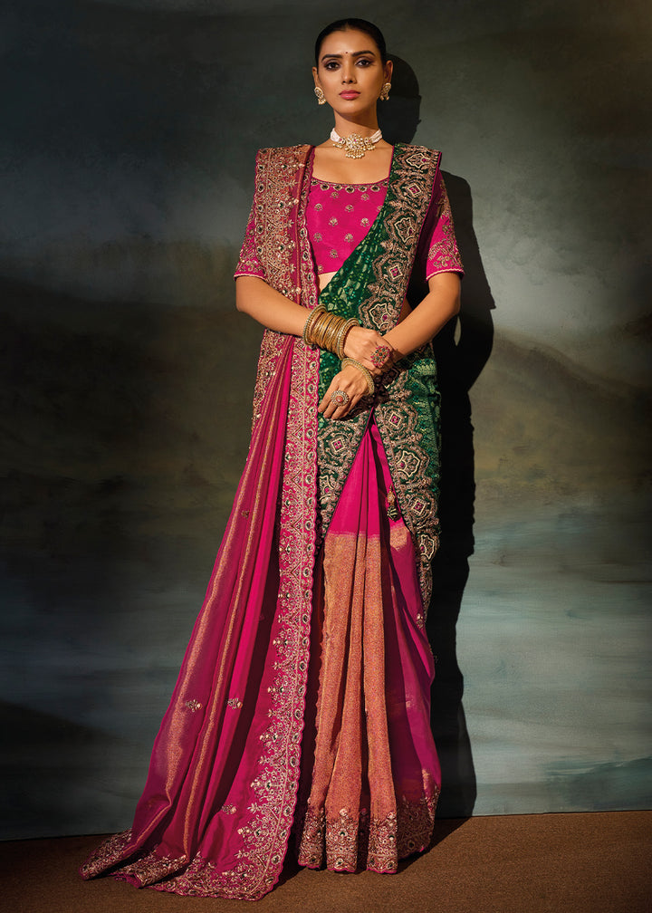 Shades Of Pink Kanjivaram Silk Saree with Zari, Sequin &amp; Moti Embellishments