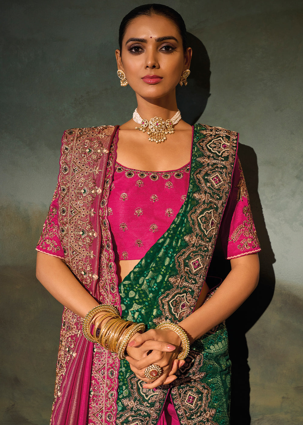 Shades Of Pink Kanjivaram Silk Saree with Zari, Sequin &amp; Moti Embellishments