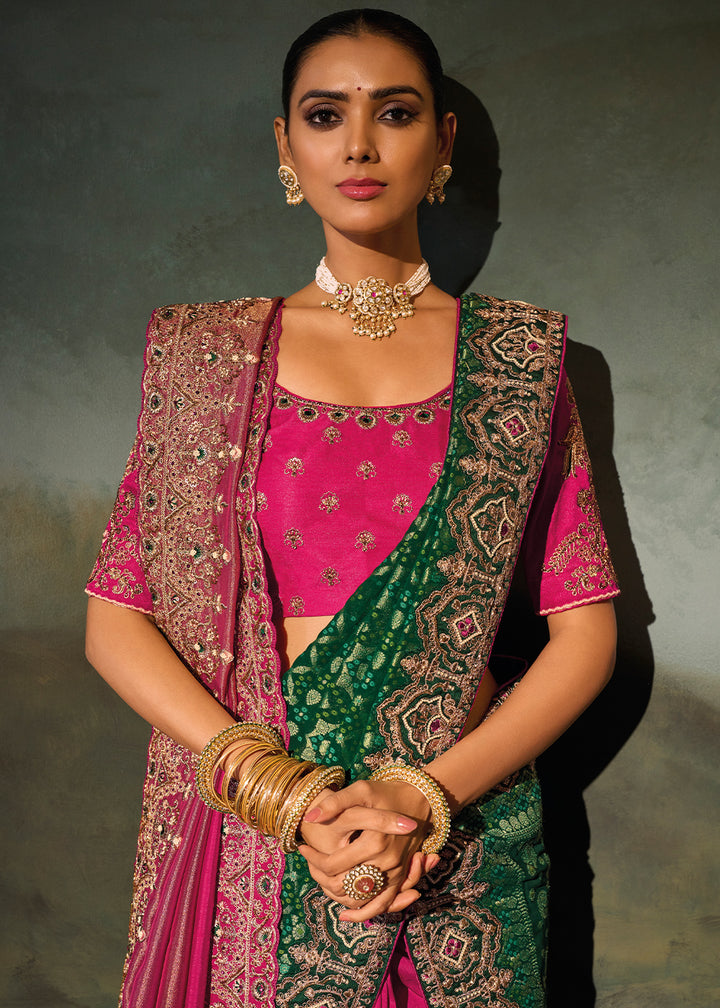 Shades Of Pink Kanjivaram Silk Saree with Zari, Sequin &amp; Moti Embellishments