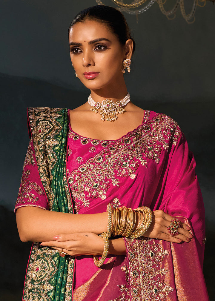 Shades Of Pink Kanjivaram Silk Saree with Zari, Sequin &amp; Moti Embellishments