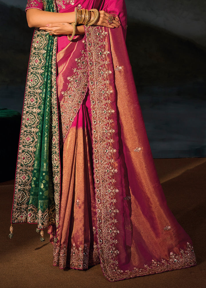 Shades Of Pink Kanjivaram Silk Saree with Zari, Sequin &amp; Moti Embellishments