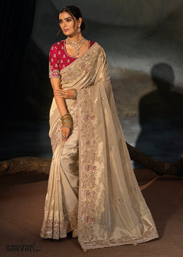 Greyish Brown Kanjivaram Silk Saree with Zari, Sequin & Moti Embellishments
