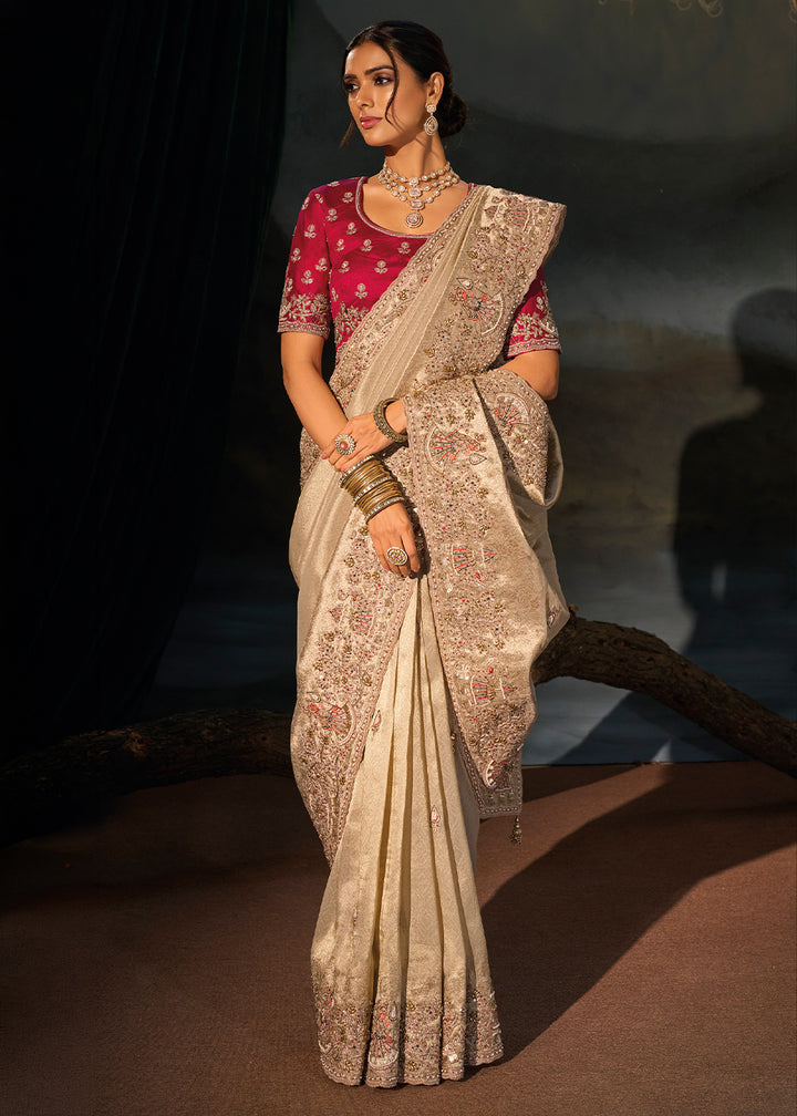 Greyish Brown Kanjivaram Silk Saree with Zari, Sequin &amp; Moti Embellishments