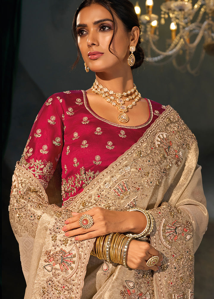 Greyish Brown Kanjivaram Silk Saree with Zari, Sequin &amp; Moti Embellishments