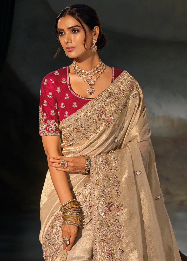 Greyish Brown Kanjivaram Silk Saree with Zari, Sequin &amp; Moti Embellishments