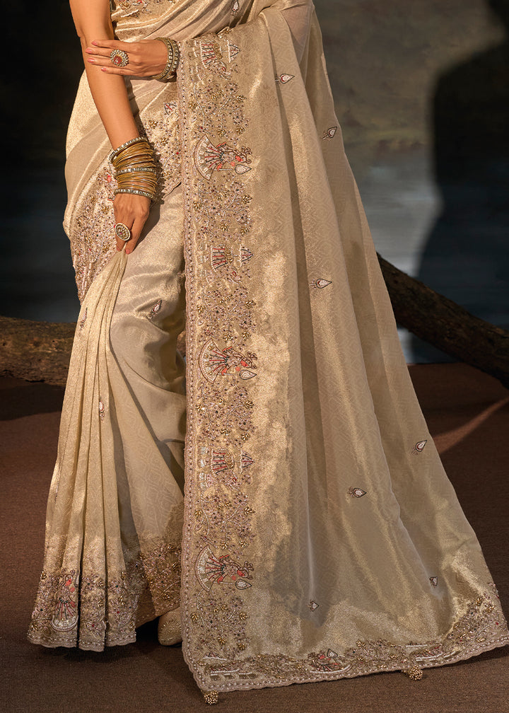 Greyish Brown Kanjivaram Silk Saree with Zari, Sequin &amp; Moti Embellishments