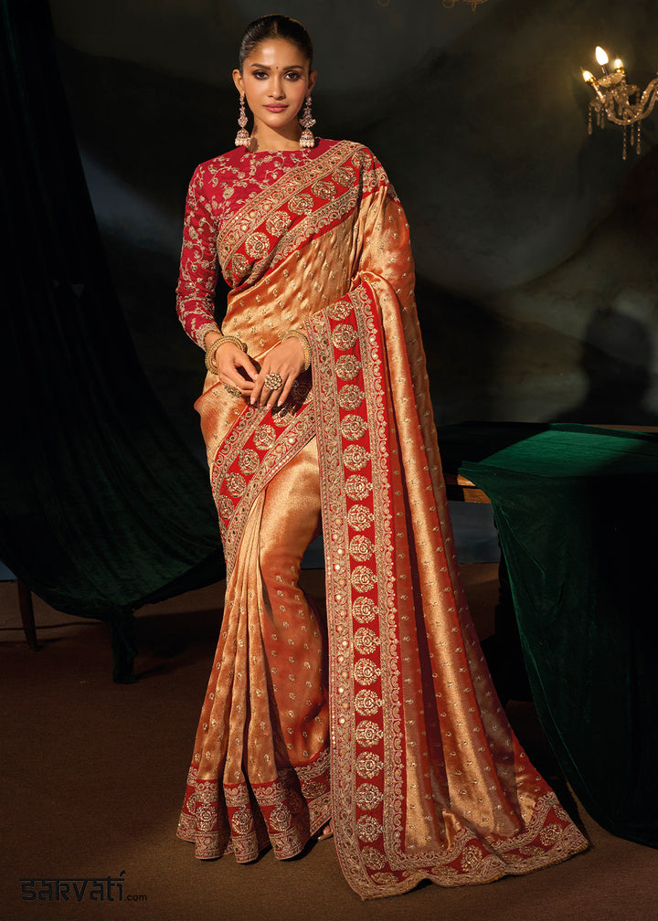 Tones of Red Kanjivaram Silk Saree with Zari, Sequin &amp; Moti Embellishments