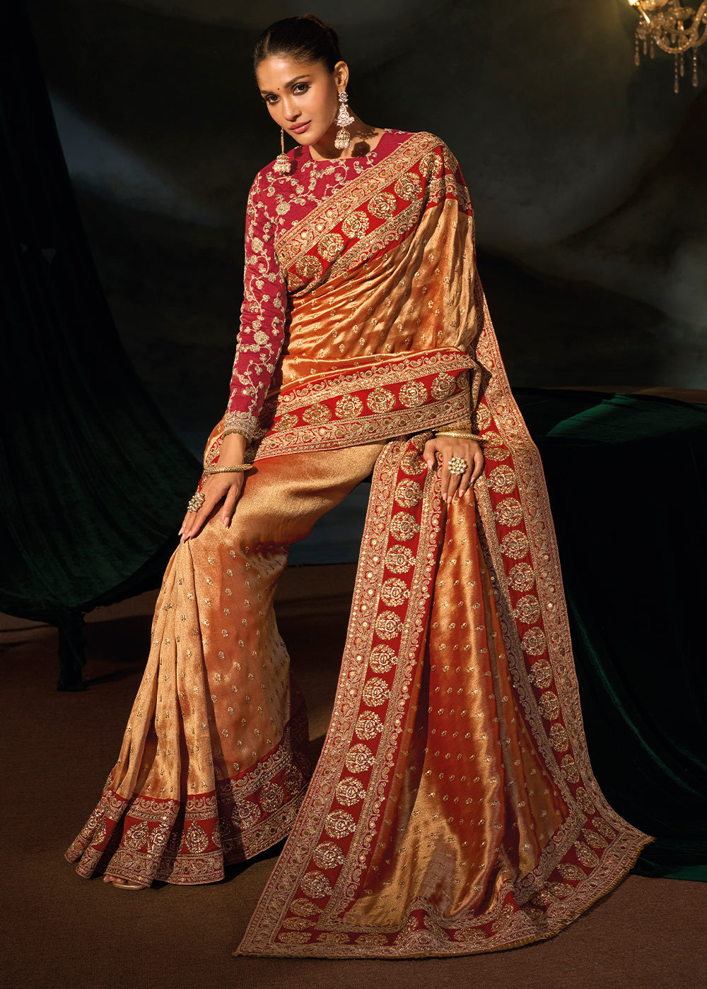 Tones of Red Kanjivaram Silk Saree with Zari, Sequin & Moti Embellishments