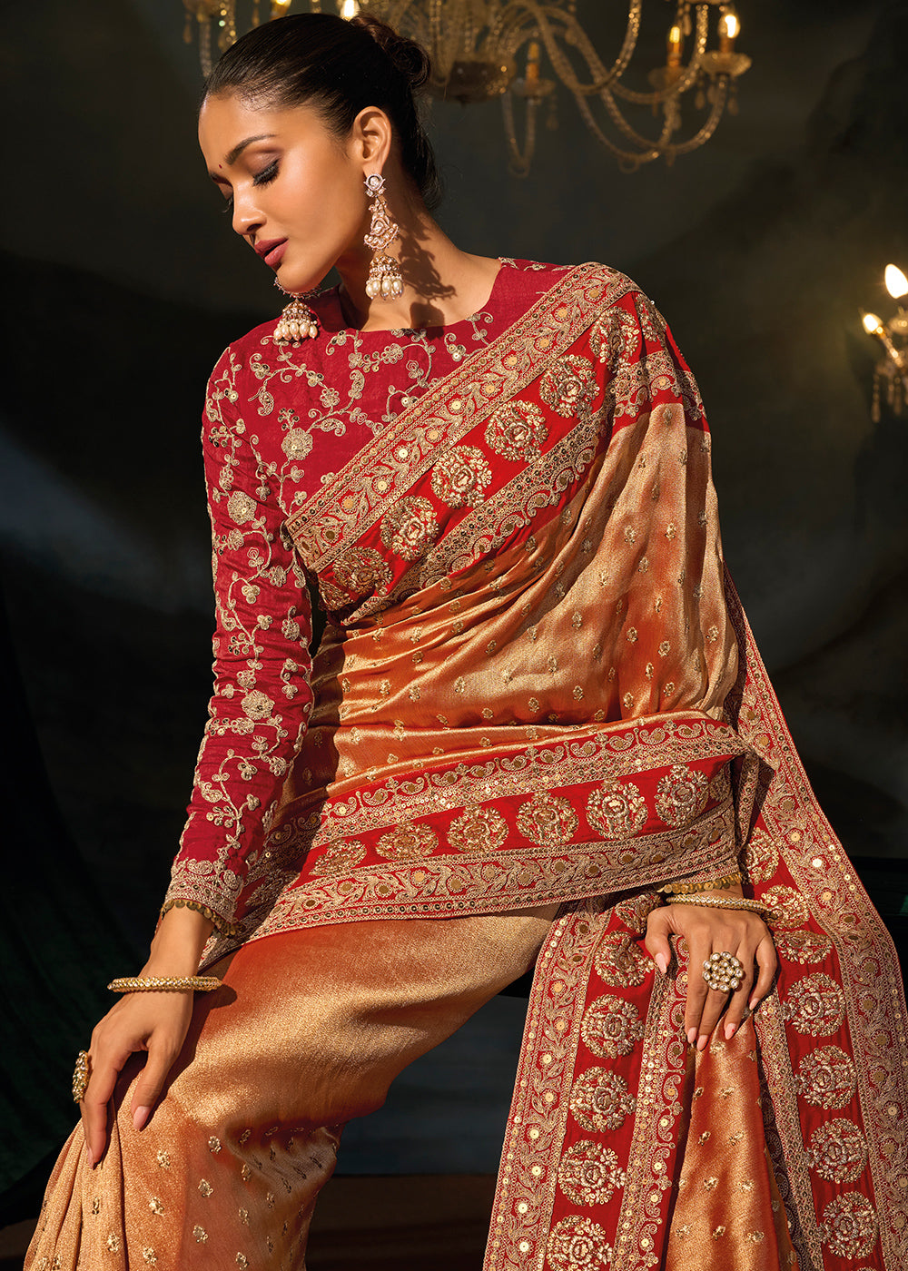 Tones of Red Kanjivaram Silk Saree with Zari, Sequin &amp; Moti Embellishments