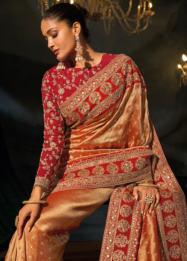 Tones of Red Kanjivaram Silk Saree with Zari, Sequin &amp; Moti Embellishments