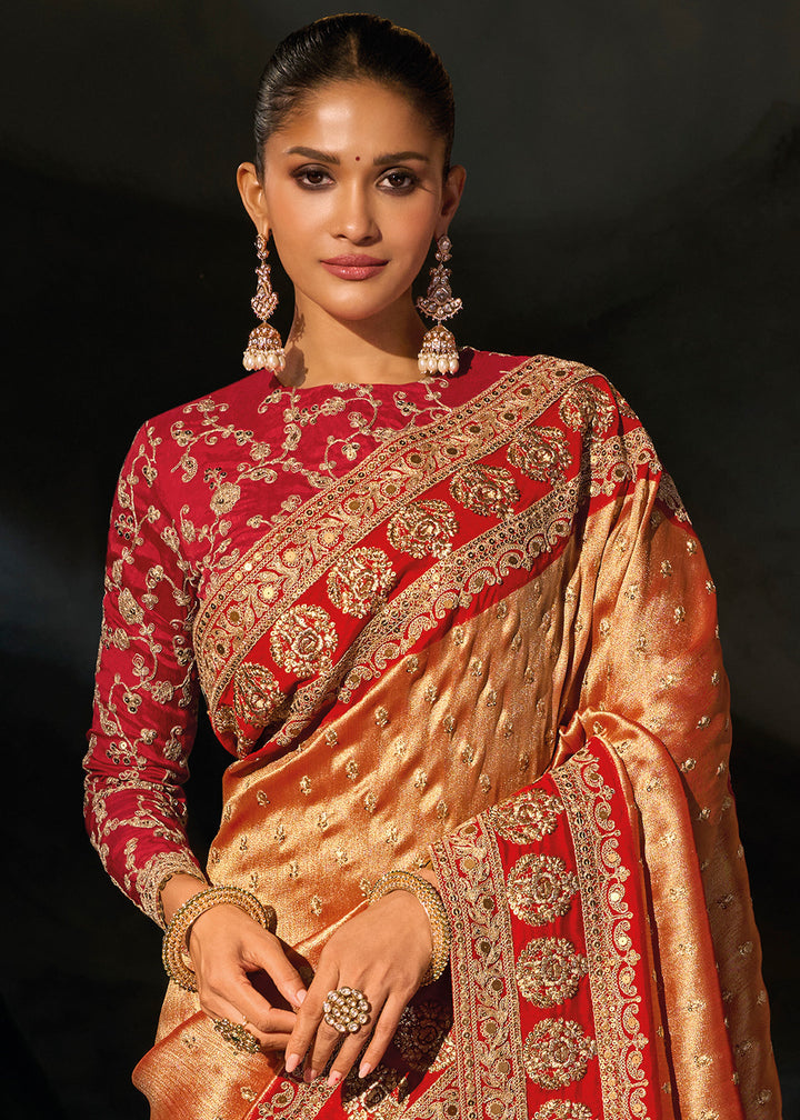Tones of Red Kanjivaram Silk Saree with Zari, Sequin &amp; Moti Embellishments