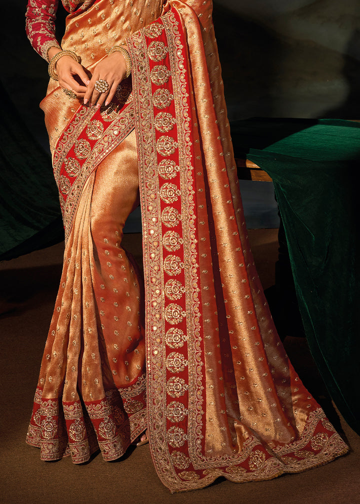Tones of Red Kanjivaram Silk Saree with Zari, Sequin &amp; Moti Embellishments