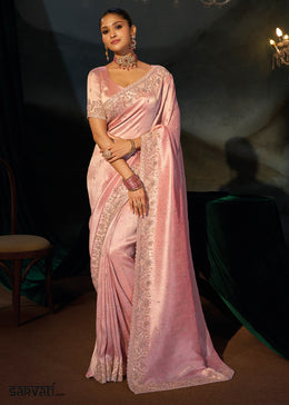 Flamingo Pink Kanjivaram Silk Saree with Zari, Sequin & Moti Embellishments