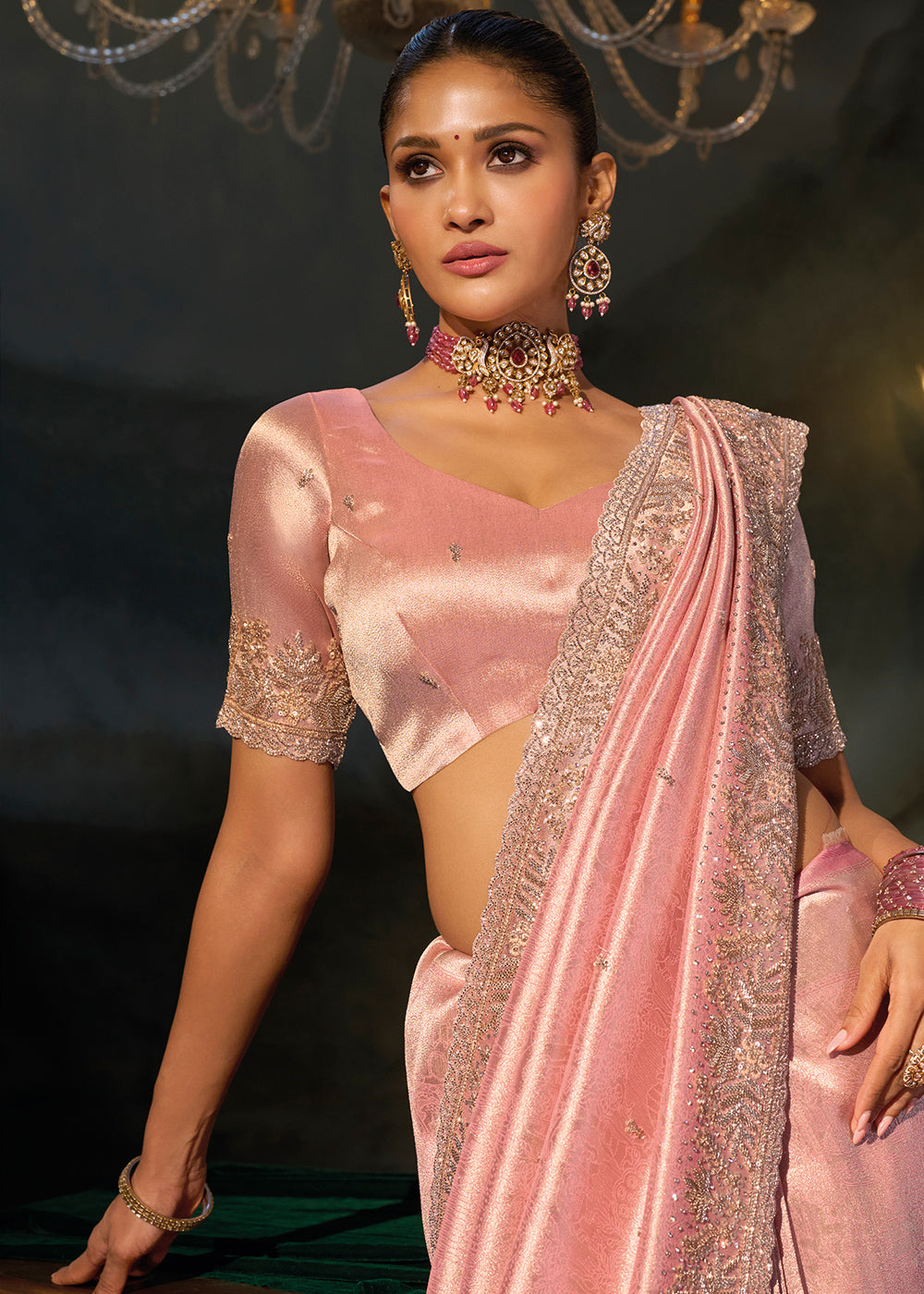 Flamingo Pink Kanjivaram Silk Saree with Zari, Sequin &amp; Moti Embellishments