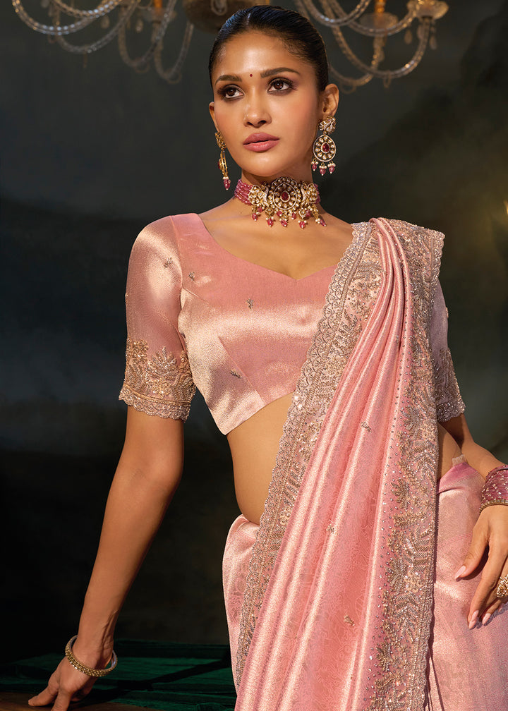 Flamingo Pink Kanjivaram Silk Saree with Zari, Sequin &amp; Moti Embellishments