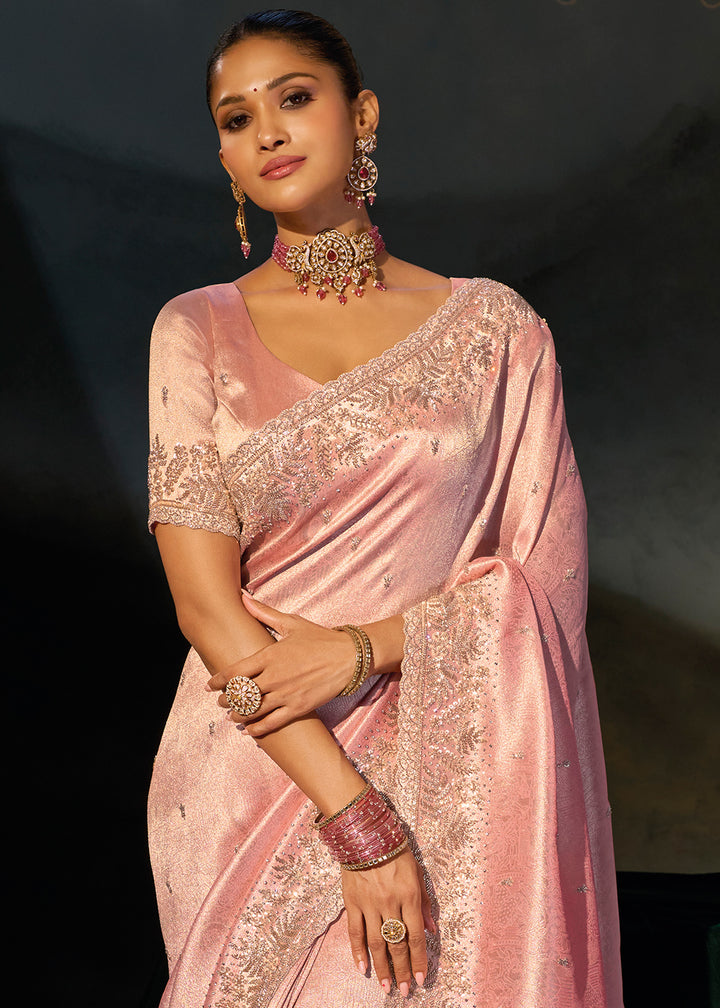 Flamingo Pink Kanjivaram Silk Saree with Zari, Sequin &amp; Moti Embellishments